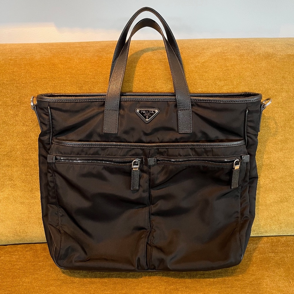 Prada Vintage Leather-Trimmed Tessuto Tote Bag